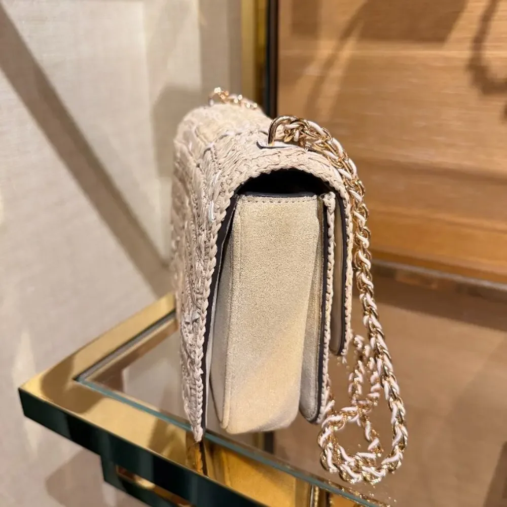 NEW‼️Tory Burch Britten Raffia Crochet Small Shoulder Bag 183122 $670 Raffia